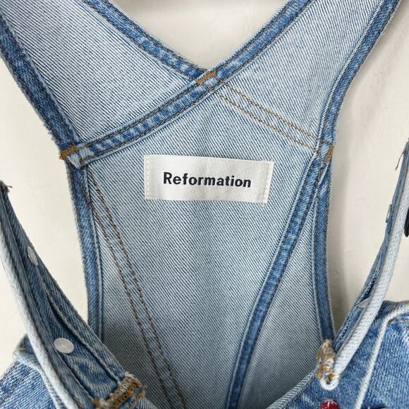 Reformation Johnny Aegean Distressed Light Wash Denim Straight Leg Jean Overalls - Picture 15 of 15